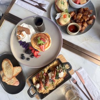 Glass Kitchen - Pancake, seafood scramble, and eggs benedict - Breakfast & Brunch Near Me - Markham, Ontario