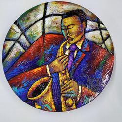 Jo’s Gallery - Smooth Jazz by Lashun Beal 24 inch Original Artwork, round plate.