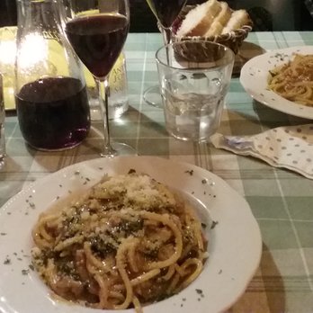 Edoardo II - Spaghetti with sausage and chicory (front) and lobster linguine (right). - Italian Near Me - Rome, RM Edoardo II - Spaghetti with sausage and chicory (front) and lobster linguine (right). - Italian Near Me - Rome, RM