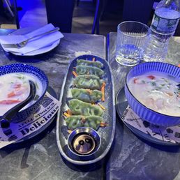 vegetable dumplings and Tom Kha Soup