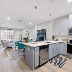 Highlands at Hilltop - Open concept kitchen and living area with light gray cabinetry