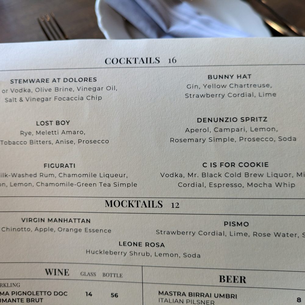 Ofena - Drinks menu. Fri dinner 2024-09-06 - Italian Near Me - San Francisco, California