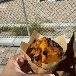 Blue Cup Roastery - Pumpkin chocolate chip muffin warmed up and delightful