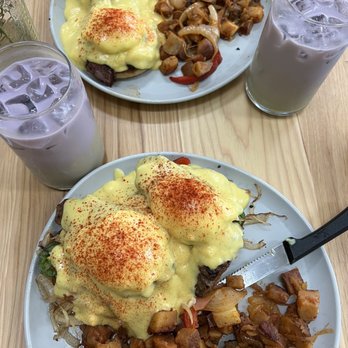 The Breeze Cafe - Breezy Benedict (front), California Benedict (back), and two Ube Matcha Lattes - Breakfast & Brunch Near Me - Newark, California The Breeze Cafe - Breezy Benedict (front), California Benedict (back), and two Ube Matcha Lattes - Breakfast & Brunch Near Me - Newark, California