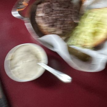 Aloette - Blurry photo of the burger (we got extra pickles) - French Near Me - Toronto, Ontario