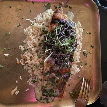 Pharmacy Kitchen & Bar - Yummy Grilled Salmon over Spanish rice. - Steakhouses Near Me - Goshen, New York Pharmacy Kitchen & Bar - Yummy Grilled Salmon over Spanish rice. - Steakhouses Near Me - Goshen, New York