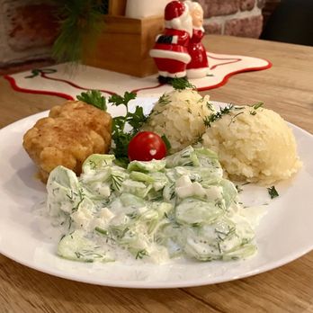 U Babci - Chicken De Volaille, cucumber salad, and mashed potatoes - Polish Near Me - Lake Forest, California U Babci - Chicken De Volaille, cucumber salad, and mashed potatoes - Polish Near Me - Lake Forest, California