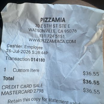 Pizzamia - Receipt - Pizza Near Me - Watsonville, California Pizzamia - Receipt - Pizza Near Me - Watsonville, California