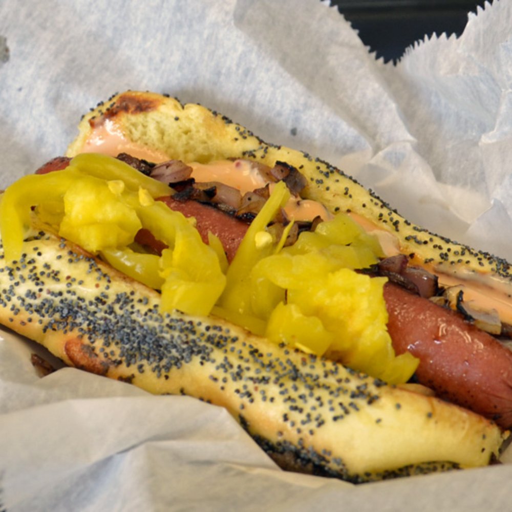 PINCHO - "Nedal Dog" (banana peppers, grilled onions and Pink Sauce) - Burgers Near Me - Miami, Florida PINCHO - "Nedal Dog" (banana peppers, grilled onions and Pink Sauce) - Burgers Near Me - Miami, Florida