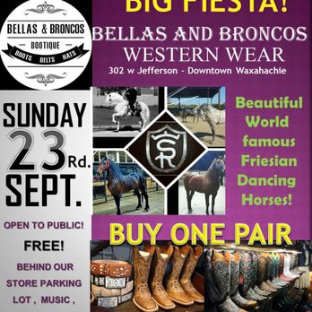 Bellas and Broncos Bootique - BIG FIESTA CELEBRATION! EVERYONE IS INVITED ! PLEASE SHARE THIS POST AND ENTER TO WIN A PAIR OF BOOTS FOR FREEEEEE ON SEPT 23RD - Men's Clothing Near Me - Waxahachie, Texas Bellas and Broncos Bootique - BIG FIESTA CELEBRATION! EVERYONE IS INVITED ! PLEASE SHARE THIS POST AND ENTER TO WIN A PAIR OF BOOTS FOR FREEEEEE ON SEPT 23RD - Men's Clothing Near Me - Waxahachie, Texas