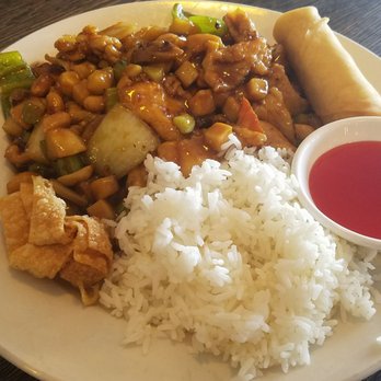 Bamboo View - Kungpao chicken with steamed rice and eggroll. - Chinese Near Me - Tucson, Arizona