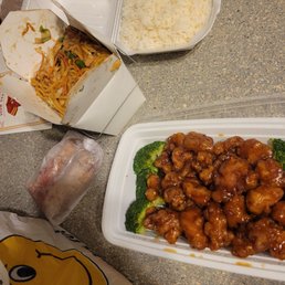 General Tso, chicken lo mein, and egg rolls General Tso, chicken lo mein, and egg rolls