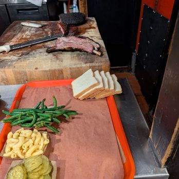 Terry Black's Barbecue - Selection of meat. Green bean and Mac and cheese. - Barbeque Near Me - Austin, Texas Terry Black's Barbecue - Selection of meat. Green bean and Mac and cheese. - Barbeque Near Me - Austin, Texas