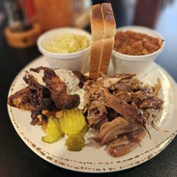 Saw’s BBQ - Hoover - Combo Plate; Pulled Pork and Smoked Chicken with Baked beans and Coleslaw.