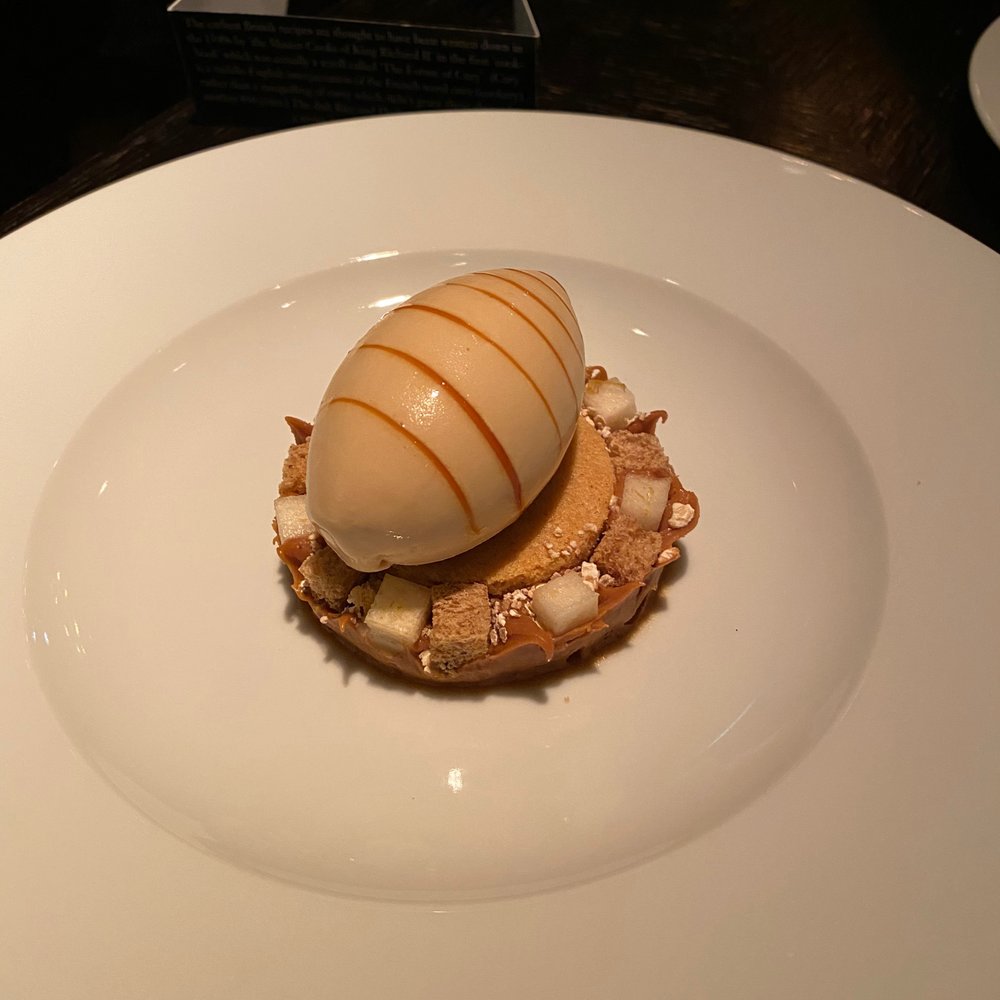 Dinner by Heston Blumenthal - Brown Bread Ice Cream (salted butter caramel, pear & malted yeast syrup - £17.50) - British Near Me - London, XGL Dinner by Heston Blumenthal - Brown Bread Ice Cream (salted butter caramel, pear & malted yeast syrup - £17.50) - British Near Me - London, XGL