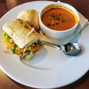 The Cafe at Newfields - Harissa Shrimp Sandwich and Tomato Bisque Soup at IMA Cafe - Cafes Near Me - Indianapolis, Indiana