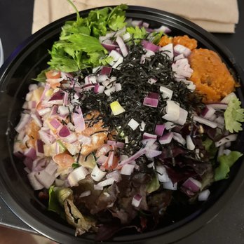 Sweet Poké - Large poke bowl: half brown rice, half salad. Salmon, tako, and missing soft shell crab (girl forgot to put it in). - Japanese Near Me - Las Vegas, Nevada