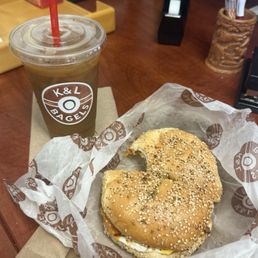 Alamo breakfast sandwich and medium iced coffee. Alamo breakfast sandwich and medium iced coffee.