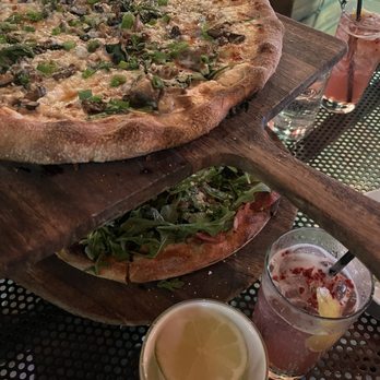 The Salty Pig - Top: Funghi pizza ($20) + hot honey ($3) & bottom: The Salty Pig Pizza ($19) - New American Near Me - Boston, Massachusetts The Salty Pig - Top: Funghi pizza ($20) + hot honey ($3) & bottom: The Salty Pig Pizza ($19) - New American Near Me - Boston, Massachusetts