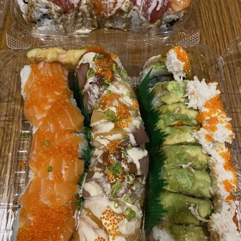 Joy Sushi - Mercy Roll (top), Tiger Roll (left), Candy Cane Roll (middle), Dragon Roll w/o unagi (right). - Japanese Near Me - San Leandro, California Joy Sushi - Mercy Roll (top), Tiger Roll (left), Candy Cane Roll (middle), Dragon Roll w/o unagi (right). - Japanese Near Me - San Leandro, California