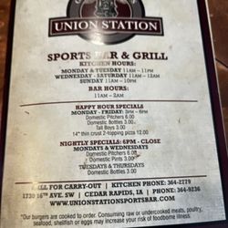 Union Station Sports Bar & Grill - Menu front
