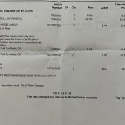 Full synthetic oil change and filter charge $95 September 2022 Full synthetic oil change and filter charge $95 September 2022