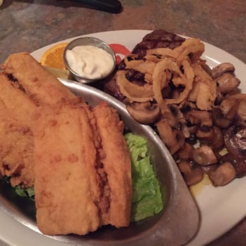 The Kimball Inn - Pick two combo of fried walleye and steak topped with mushrooms. - New American Near Me - Hurley, Wisconsin