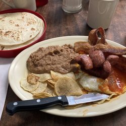 Matas Cafe - Huevos Rancheros with sausage and bacon
