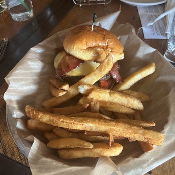 Perrin Brewing Company - Bacon Gouda burger with regular fries - Breweries Near Me - Comstock Park, Michigan