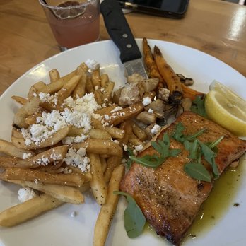 Avli Taverna - Ouzo Salmon with fries - Greek Near Me - Chicago, Illinois