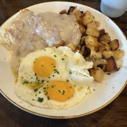 Biscuits and turkey sausage gravy with eggs