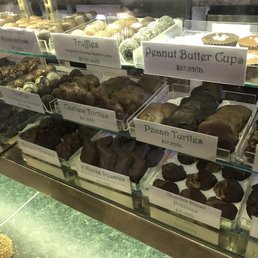 Chocolate Covered Strawberries - A glass display case at Riverside Sweets showcases various chocolates, including truffles, peanut butter cups, and turtles, with labels and prices.