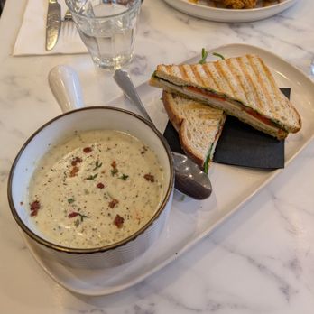 Burnt Orange - Clam chowder with turkey breast panini - Breakfast & Brunch Near Me - Burnaby, British Columbia