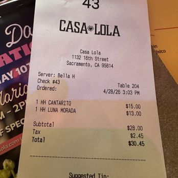 Casa Lola - Receipt-April 2026 - Mexican Near Me - Sacramento, California