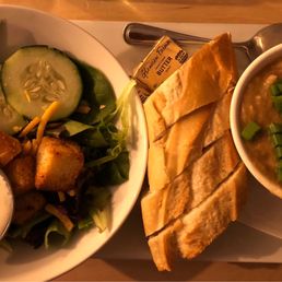 Gumbo, baguette, and salad Gumbo, baguette, and salad