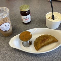 Butterscotch iced latte, homemade apple butter, banana pudding ice cream, and a delicious beef empanada with hotsauce