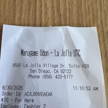 Marugame Udon - Top of receipt with address - Japanese Near Me - San Diego, California Marugame Udon - Top of receipt with address - Japanese Near Me - San Diego, California