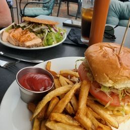 Salad with salmon & smasburger with fries Salad with salmon & smasburger with fries