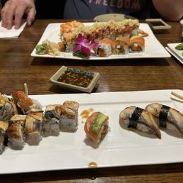 Black Dragon, eel, Volcano roll, Firecracker roll and Maline roll Black Dragon, eel, Volcano roll, Firecracker roll and Maline roll