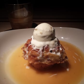 Root Down DIA - Bread pudding dessert with a Don Draper cocktail in the background - New American Near Me - Denver, Colorado