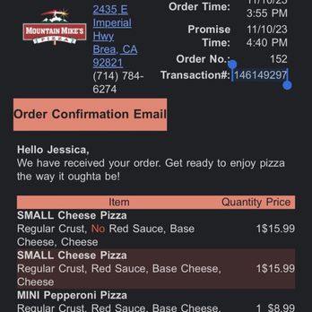 Mountain Mike's Pizza - Missed the promised time by half an hour and used a DoorDasher to deliver it so my food was cold. - Pizza Near Me - Brea, California Mountain Mike's Pizza - Missed the promised time by half an hour and used a DoorDasher to deliver it so my food was cold. - Pizza Near Me - Brea, California
