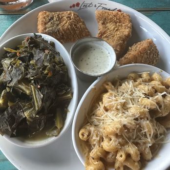 Lost & Found - Fried salmon, Mac & Cheese, and Collard Greens with Smoked Turkey - Cocktail Bars Near Me - Houston, Texas Lost & Found - Fried salmon, Mac & Cheese, and Collard Greens with Smoked Turkey - Cocktail Bars Near Me - Houston, Texas