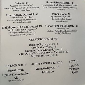 Bar Oscar - Cocktail menu - Specialty Food Near Me - Covington, Georgia