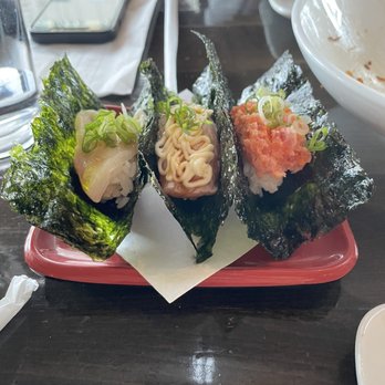 Kochi - Open hand rolls (L-R): yellowtail, Aburi salmon, spicy tuna - Noodles Near Me - West Hollywood, California Kochi - Open hand rolls (L-R): yellowtail, Aburi salmon, spicy tuna - Noodles Near Me - West Hollywood, California