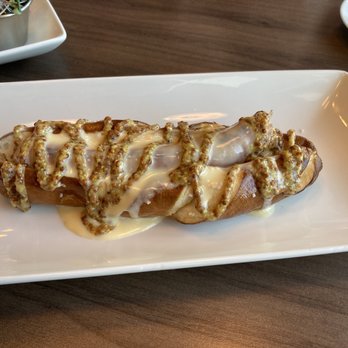 Fork & Fire - Pretzel dog with beer cheese and grainy mustard - New American Near Me - Farmington, Connecticut Fork & Fire - Pretzel dog with beer cheese and grainy mustard - New American Near Me - Farmington, Connecticut