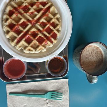 Amplify Cafe - GF V Waffles with blended strawberries and organic maple syrup! - Coffee & Tea Near Me - Port Washington, Wisconsin