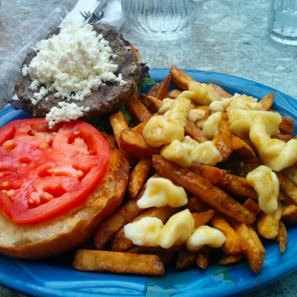 Utopia Café & Grill - Kissing cousins burger with a side of Poutine! - Tex-Mex Near Me - Toronto, Ontario