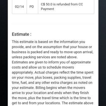 Apollo Moving - Screenshot of billing particulars - Movers Near Me - Mississauga, Ontario