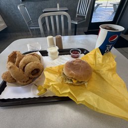 Cheeseburger and onion rings and drink combo. 15$