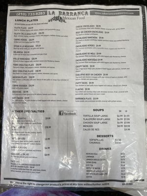 Menu photo 4 La Barranca San Antonio, TX